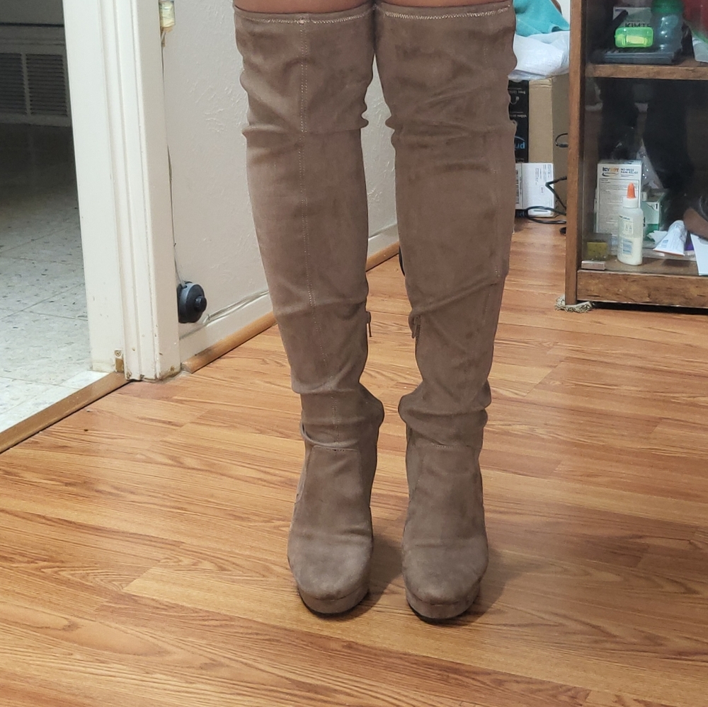 Over the knee platform taupe boots